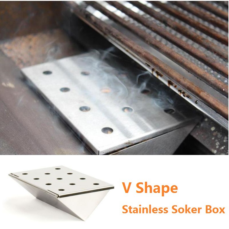 Smoker Box Wood Chip - 6-Zoll V-förmiger BBQ-Smoker, silberner Gasgrill-Smoker, Holzspäne-Smoker,