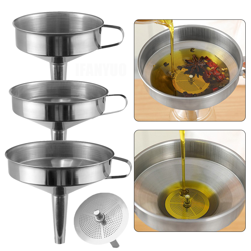 Home Cooking Oil Filter - Edelstahl-Trichterset, Mehrgrößen-Küchen-Öl-Flüssigkeitstrichter mit Filtersieb, Kochwerkzeug für